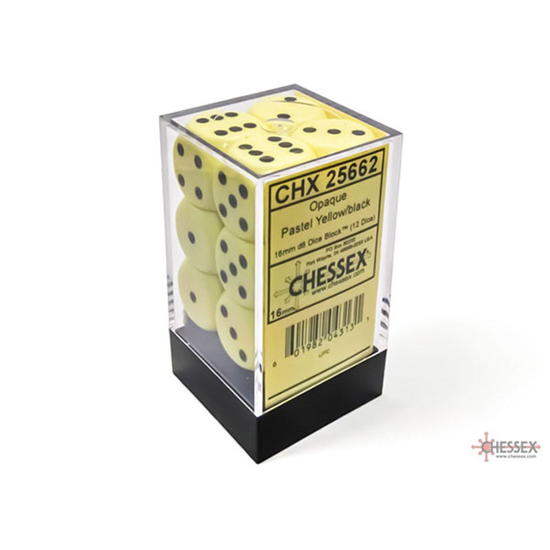 Chessex 16mm d6 Dice Set: Opaque – Pastel Yellow/Black (12)