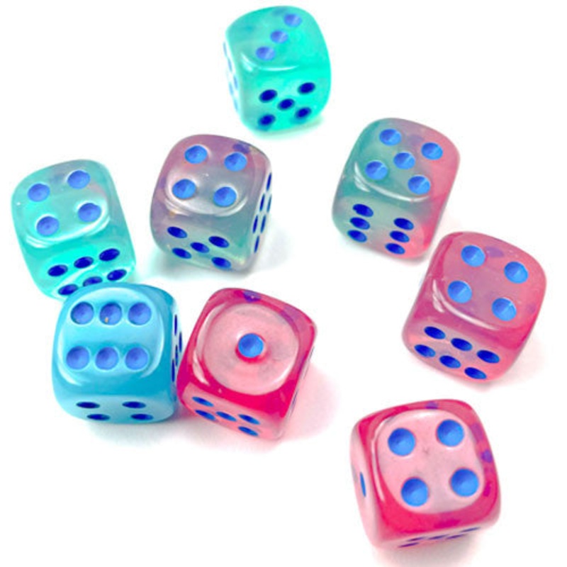 Chessex 12mm d6 Set: Gemini Luminary – Gel Green-Pink w/Blue (36)