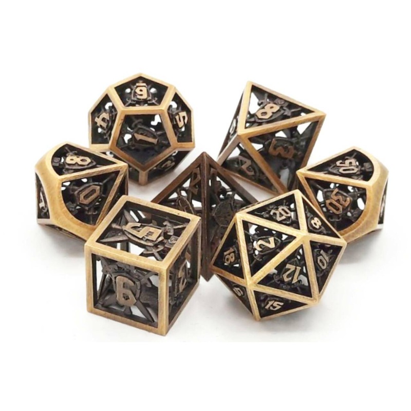 Old School Metal Hollow Dice Set: Sword & Shield – Brushed Gold (7)