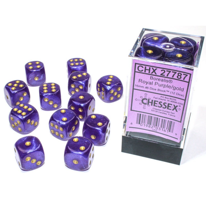 Chessex 16mm d6 Set: Borealis Luminary – Royal Purple/Gold (12)