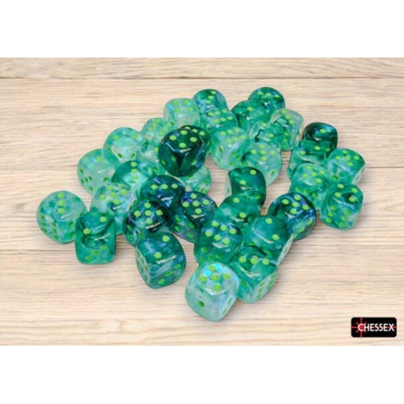 Chessex 12mm d6 Set: Borealis Luminary – Kelp w/Light Green (36)