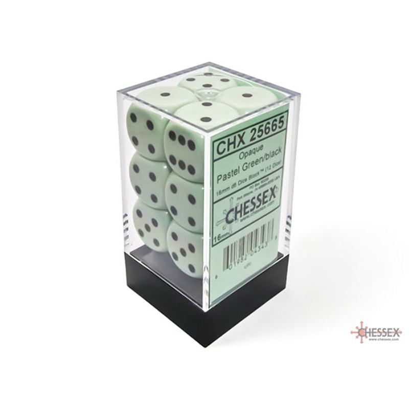 Chessex 16mm d6 Dice Set: Opaque – Pastel Green/Black (12)