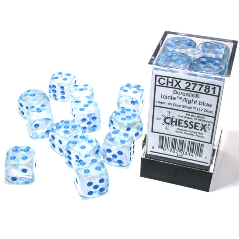 Chessex 16mm d6 Set: Borealis Luminary – Icicle/Light Blue (12)