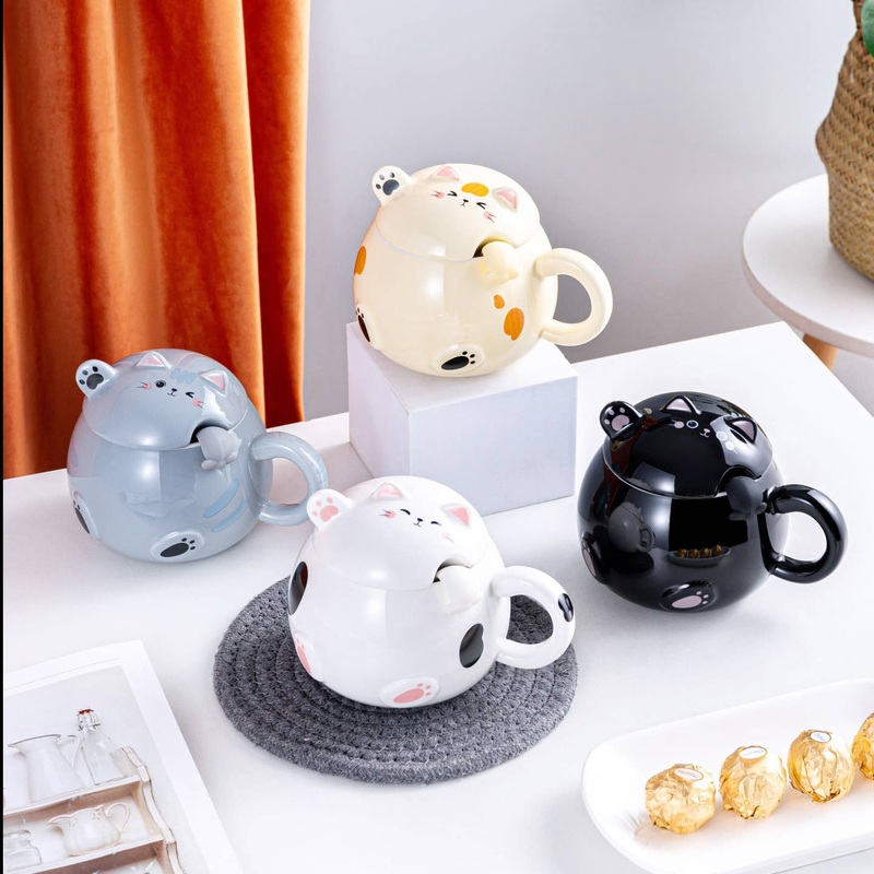 Whimsy Cat with Mug and Spoon Beige