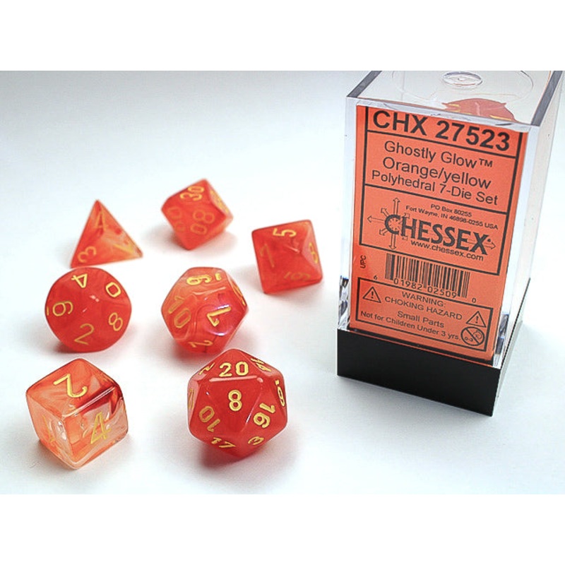 Chessex Dice Set: Ghostly Glow – Orange w/Yellow (7)