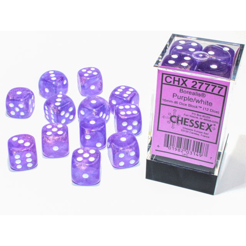 Chessex 16mm d6 Set: Borealis Luminary – Royal Purple/White (12)